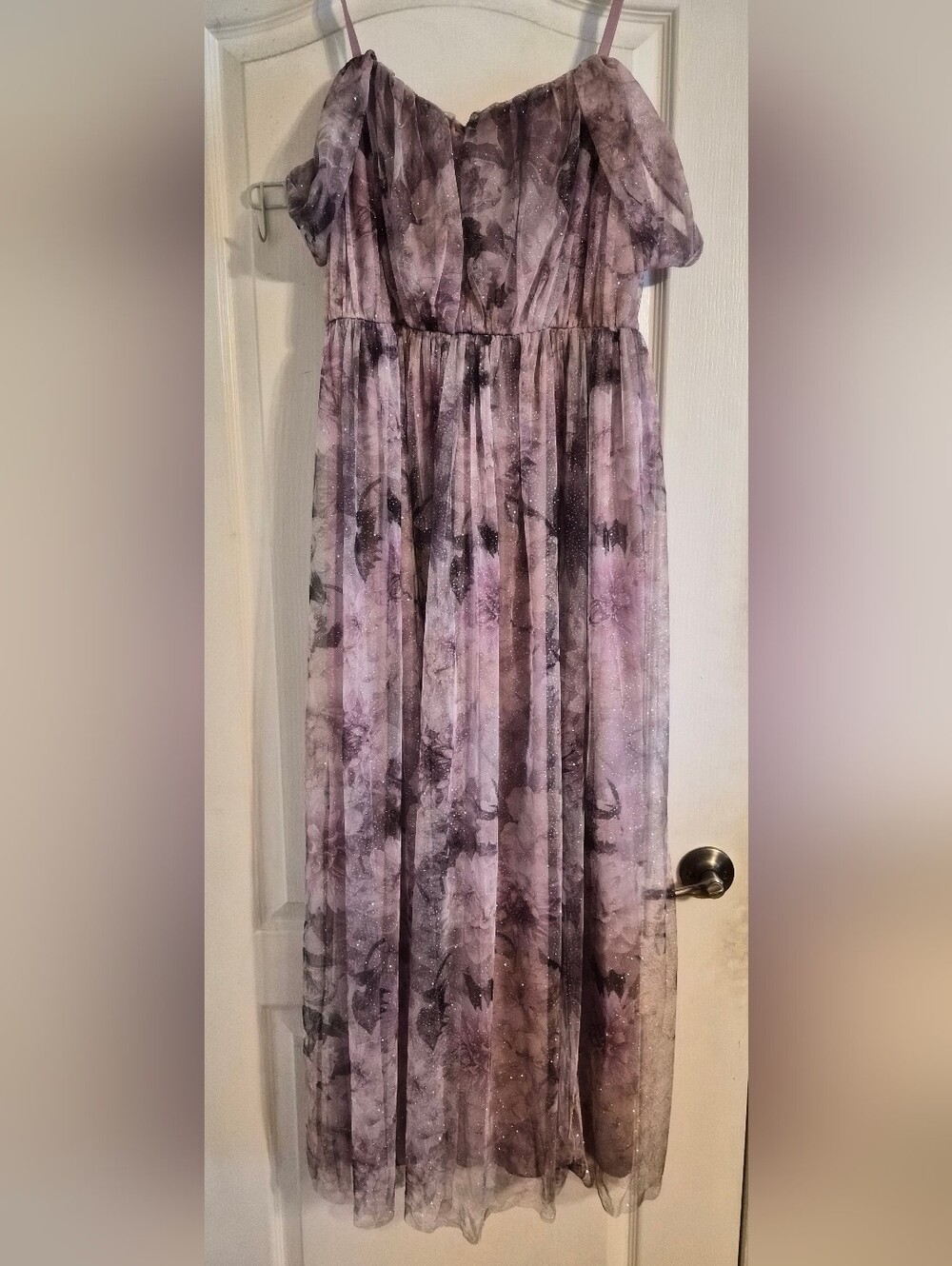 Off-Shoulder Lavender Floral Maxi Dress with Spaghetti Straps
